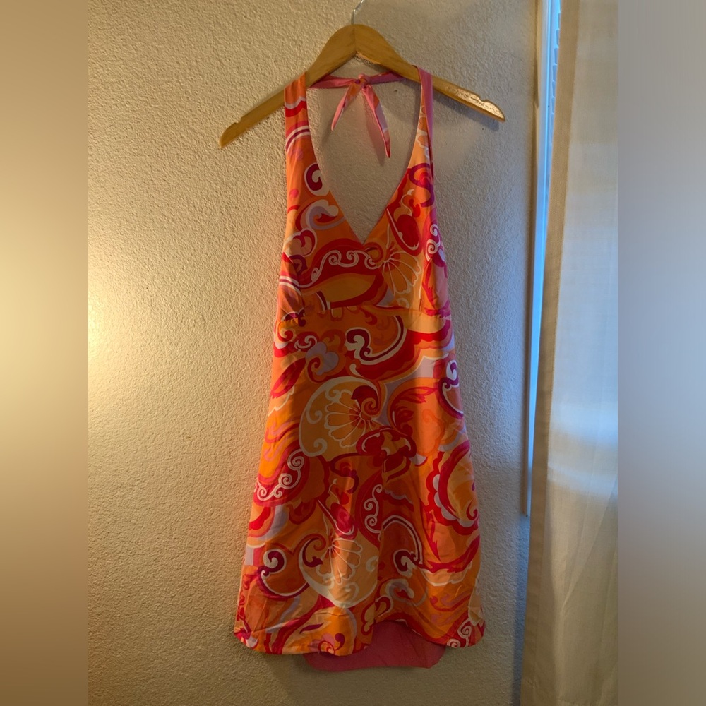 No Boundaries Orange & Pink Swirl Halter Dress